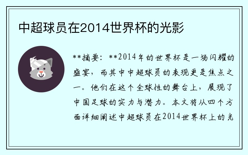 中超球员在2014世界杯的光影