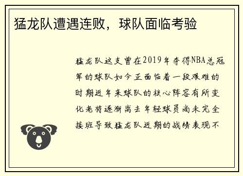 猛龙队遭遇连败，球队面临考验
